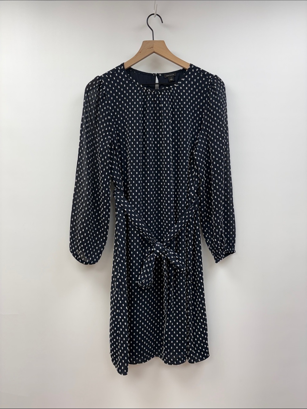 Ann Taylor Embroidered Clip Dot Belted A-Line Dress Navy 10